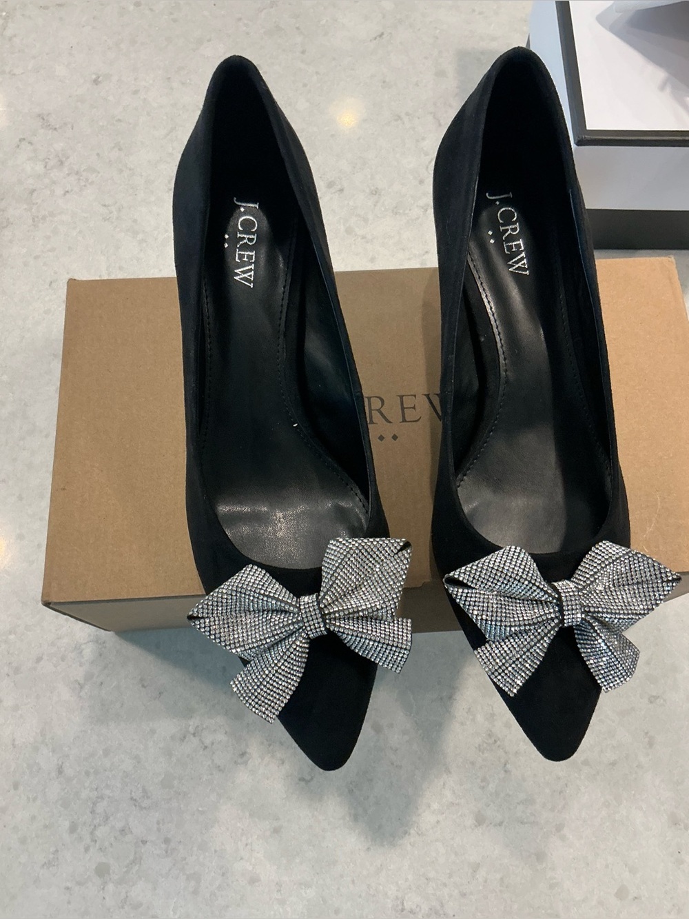 J. Crew Black Suede Pointed-Toe Pumps with Rhinestone Bow